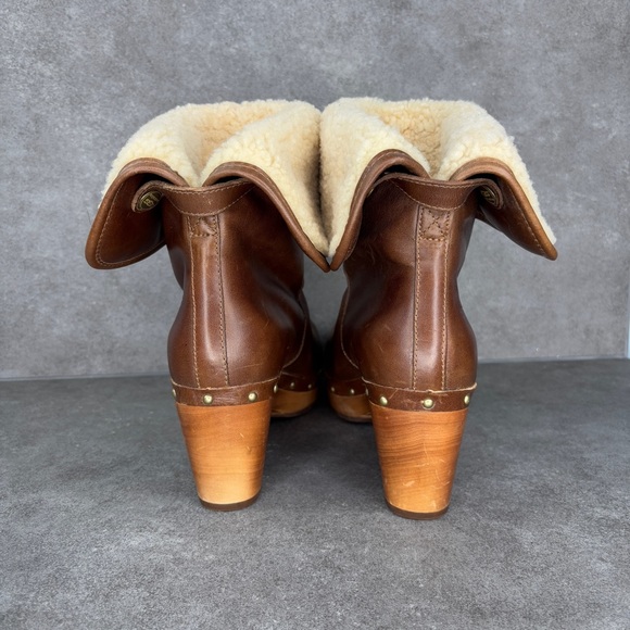 UGG 1958 Lynnea Leather Studded Foldover Clog Boot Shearling Cuff, Brown, Size 6 - Picture 5 of 11